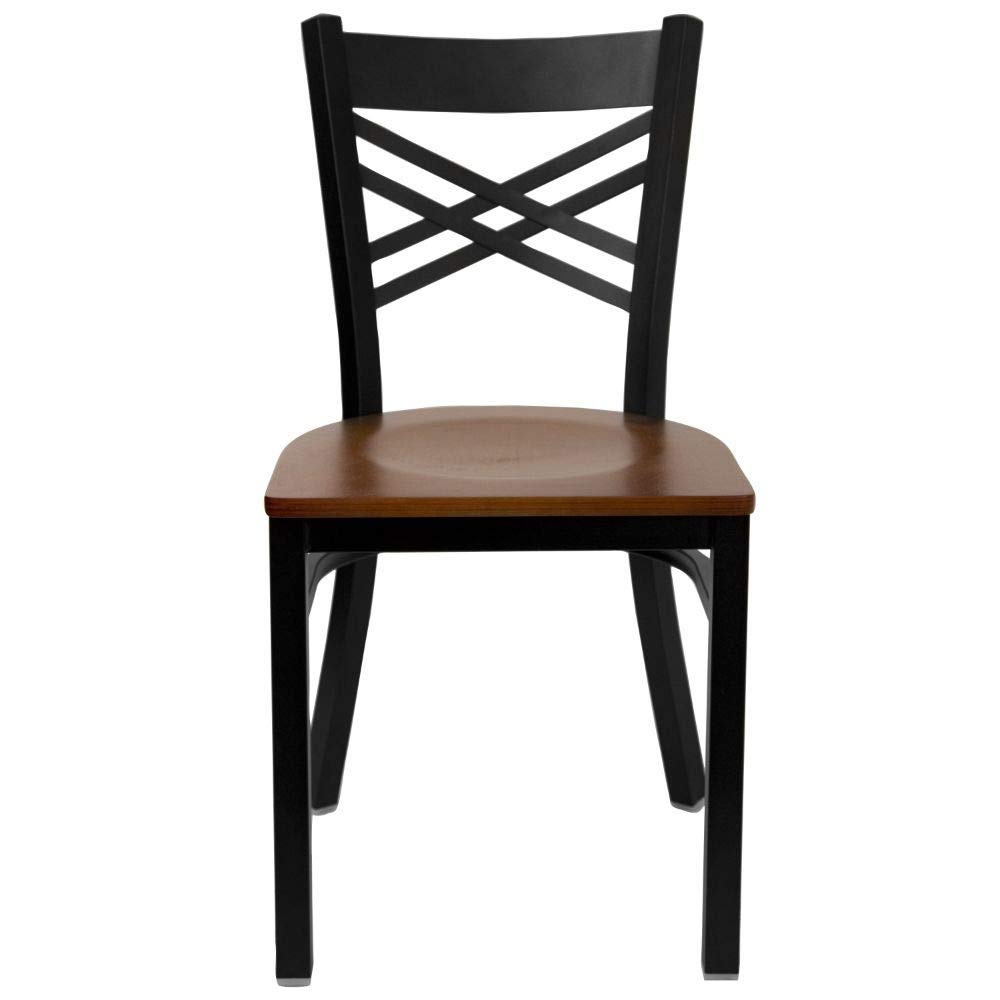 Flash Furniture HERCULES Series Black ''X'' Back Metal Restaurant Chair - Cherry Wood Seat