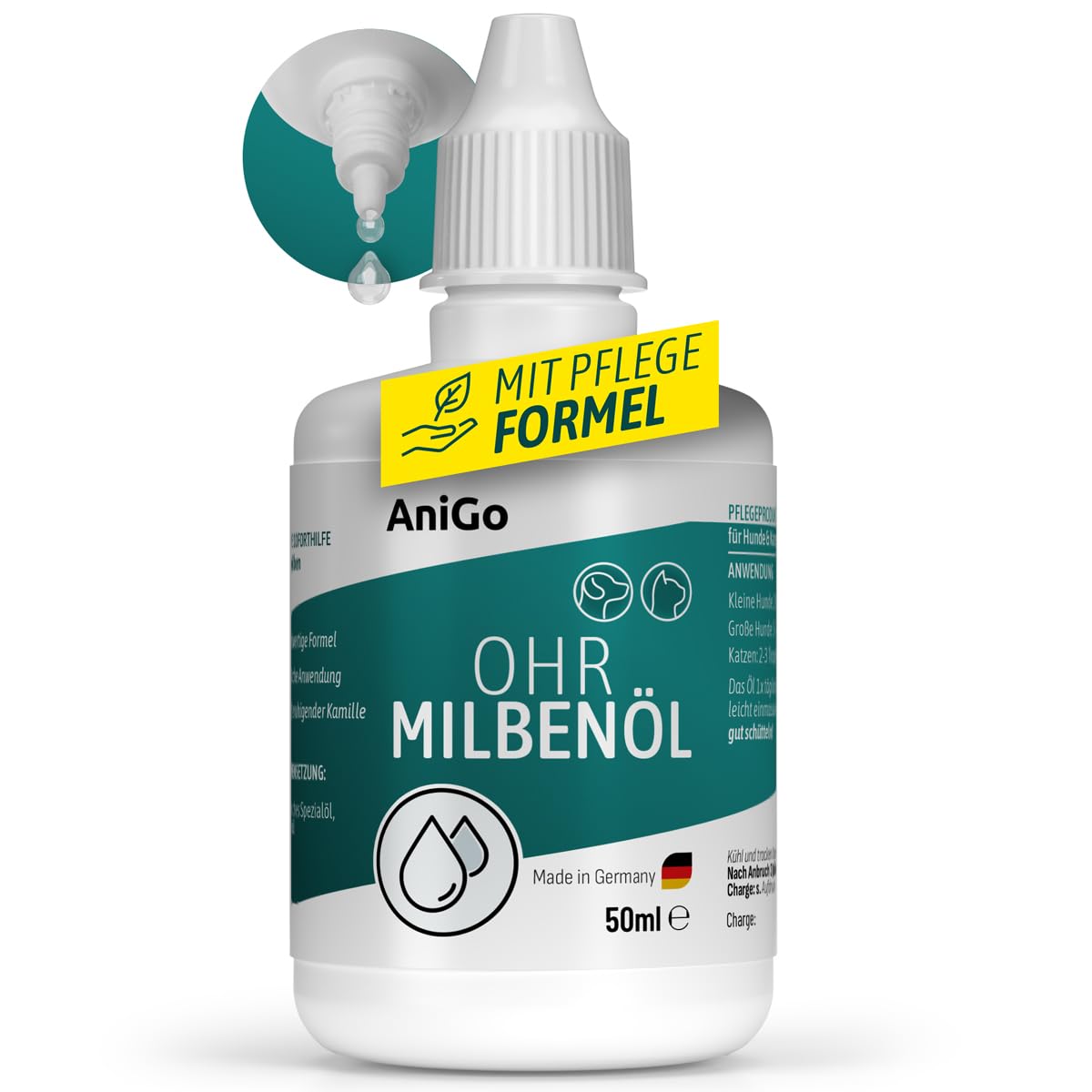 AniGo Huile anti-acariens pour chiens et chats 50 ml – Huile d'oreille nourrissante à la camomille contre les acariens – Soutien doux en cas de démangeaisons et oreilles irritées