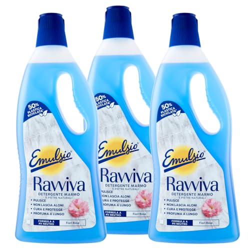 Emulsio Ravviva Marmo Detergente Pavimenti in Ceramica Granito Ardesia Resina Gres Pietre Naturali Formula a pH Neutro ad Azione Protettiva Profumo di Fiori Rosa a Lunga Durata - 3 Flaconi da 750ml