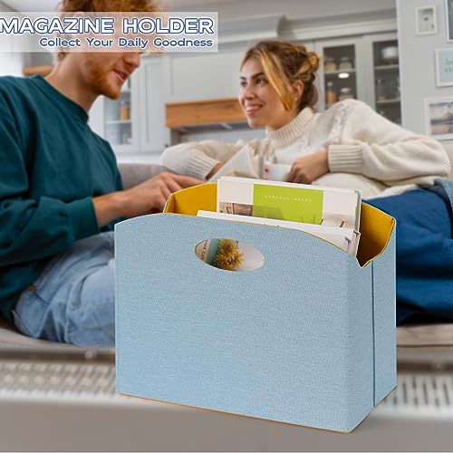 EZDeco Magazine Holder Foldable Magazine Rack Floor PU Leather File Holder Newspaper Book Storage Basket Document File Folder Organizer for Office Home (Blue)