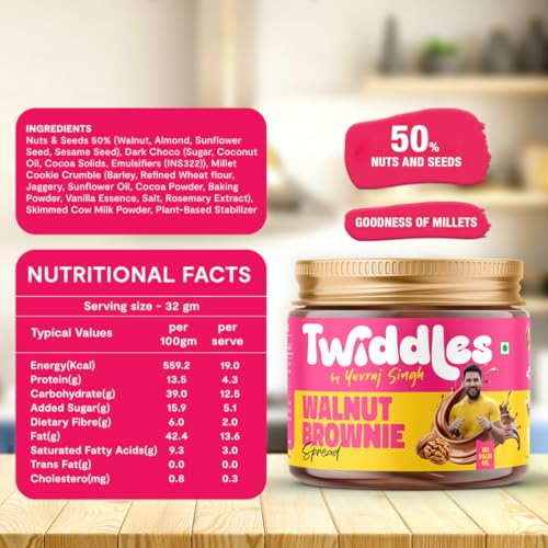 Image of Twiddles Walnut Brownie Chocolate Spread, 250g (Crunchy) - Made with 50% California Walnuts + Almonds & Seeds |14g Protein | Rich Omega-3 | 70% Less Sugar | No Palm Oil | No Preservatives | Stronger Bones | Brain Booster | India's 1st Walnut Spread
