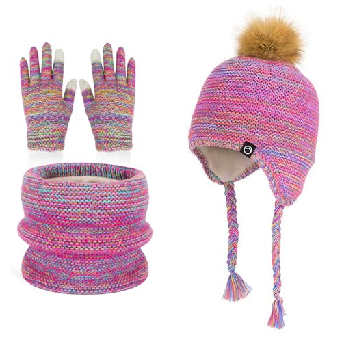 QKURT Conjunto de Gorro, Bufanda y Guantes de Invierno para Niños, Gorro de Punto Térmico de Invierno para Niños, Cuello Caliente, Guantes Táctiles Suaves y Cálidos, para Niños de 4 a 10 Años.