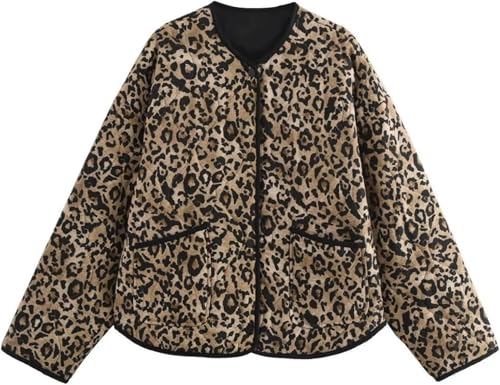 Suncadmious Chaqueta Acolchada con Estampado de Leopardo para Mujer Chaqueta Ligera con Solapa de Gran tamaño Abrigo Abotonado Chaqueta Tipo cárdigan de Felpa Ligera con Bolsillos (Brown,M)