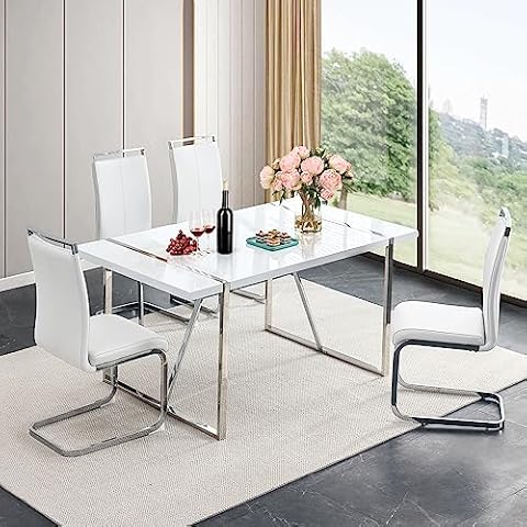 NYEESS Dining Table Set for 4,Modern Kitchen Table Set with 4 Metal Leg Upholstered Dining Chairs,White Dinner Table Set for 4 Ideal for Kitchen,Dining Room Cover