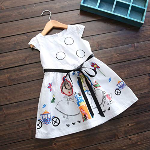 Agoky Kids Girls Cartoon Graffiti Print Short Sleeve A-Line Pleated Dress Summer Holiday Daily Sundress White 3-4 #TOP2