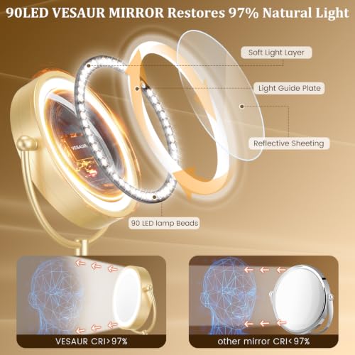 Image of Professional 8.5 inch Large Lighted Makeup Mirror with Brighter Lights, 1X /10X True HD Magnifying Mirror with 3 Color Dimmable Lights, 90 Shadowless LEDs, 360Swivel Seamless Vanity Mirror, Gold Nickel