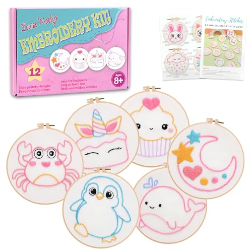 Image of Louise Maelys Embroidery Kit for Beginners, 12 Packs Pre-Printed DIY Sewing Craft Kit,Kids Girls Cross Stitch Kit with Hoop, Threads, Needles and Scissors, Cute Animal & Cartoon Patterns