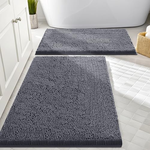 Image of Smiry Bathroom Rugs Sets 2 Piece, Soft Absorbent Chenille Machine Washable Non Slip Shaggy Bath Rug Set for Tub, Shower, and Floor (30x20+24x16, Charcoal Grey)
