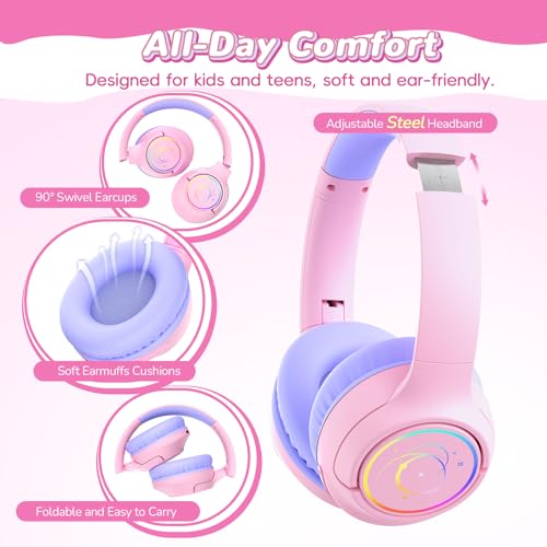 Image of Kids Bluetooth Headphones, 85H Wireless Headphones for Kids, Colorful LED Lights, 85 /94dB Safe Volume Limit, Bluetooth 5.4, Over Ear Toddler Headsets with Built-in Mic for Tablets Airplane,Pink