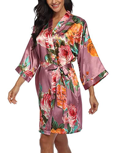 Image of VOGMATE Floral Silk Robes for Women Short Satin Kimono Bride Bridesmaid Robes Bathrobe