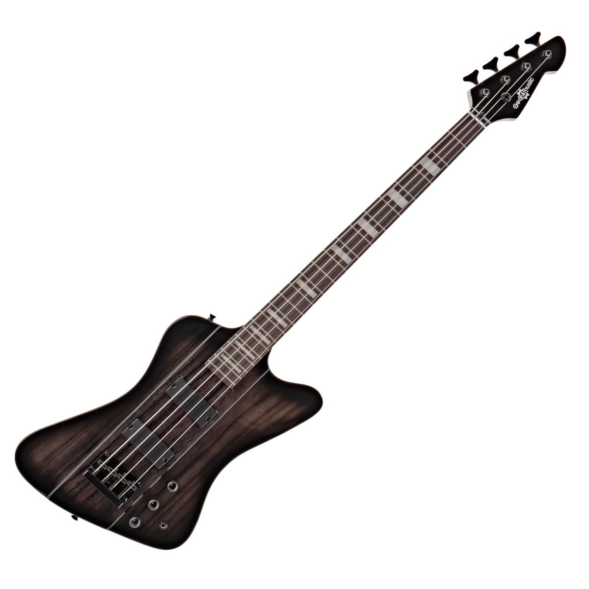 Basso Harlem Z di Gear4music, Trans Black | Corpo Leggero in Paulonia dal Suono Ricco, Forma Z Sorprendente in Finitura Nera, Due Pickup Humbucker, Custodia Inclusa