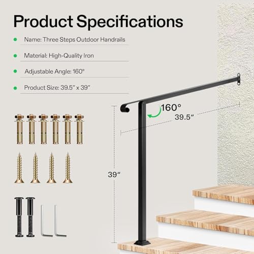 Image of VIVOSUN Outdoor Handrail, 3 Step Stair Handrail, 40 inch x 39 inch Fits 1 to 3 Steps, Wrought Mattle Iron Stair Railing with Single Curved End for Concrete Steps, Porch Steps, Black