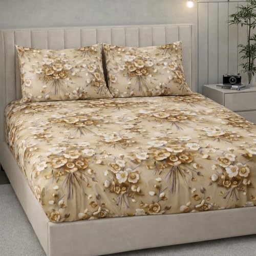 Image of Cotton Feel King Size Flat Bedsheet for Double Bed (90 x 100 Inches | 230 x 250 cm) with 2 Pillow Covers | Soft & Smooth Printed Bedsheet for Daily Use (Golden 7D, King Bed-90x100)