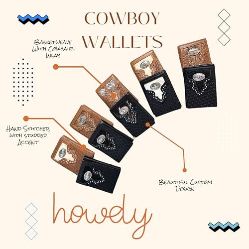 Western Trifold Leather Wallet for Men – Basket Weave Tooled with Cowhair Inlay – Cowboy Praying at Cross, Horse, and Bull Rider Conchos4