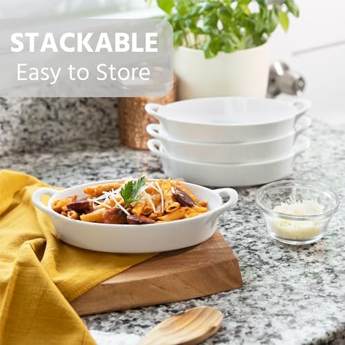 Oval Au Gratin Baking Dishes for Oven Safe and Microwave Cooking and Baking, 4 Pc. Set, Heat Resistant Ceramic with Handles for Serving, Small Mini Casserole Dish, 8" x 5", 16 oz, White - Thumbnail 4