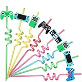 24 Video Game Party Favors Game Controller Drinking Straws Goodie Gifts for Kids Gamer Birthday Party Supplies, Game On Party Supplies with 2 PCS Cleaning Brushes
