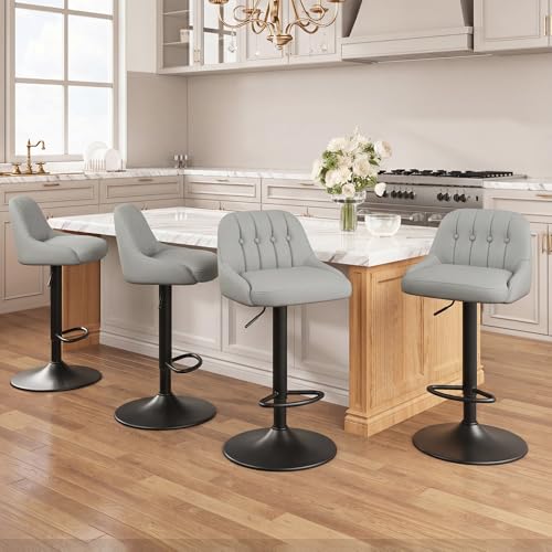 Image of MALOL Bar Stools Set of 4, Swivel Bar Chairs, Modern Adjustable PU Leather Upholstered Barstools Counter Height with Tufted Back for Bar, Kitchen Counter Island, Dining Room, Grey