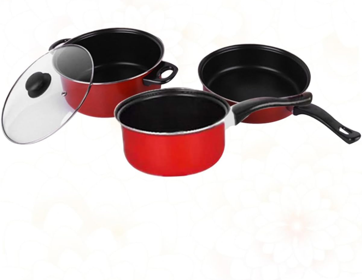 3pcs Nonstick Frying Pan Soup Pot Milk Pan Set Multifunctional Cooking Kitchen Utensils for Home Daily Use Red