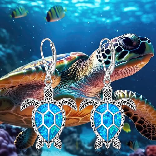 Turtle Earrings Sterling Silver Blue Opal Sea Turtle Gifts for Women Leverback Drop Dangle Retro Hawaiian Ocean Jewelry4
