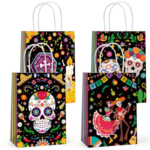 12 Pcs Day of the Dead Gift Bags with Handles for Mexican Party Supplies