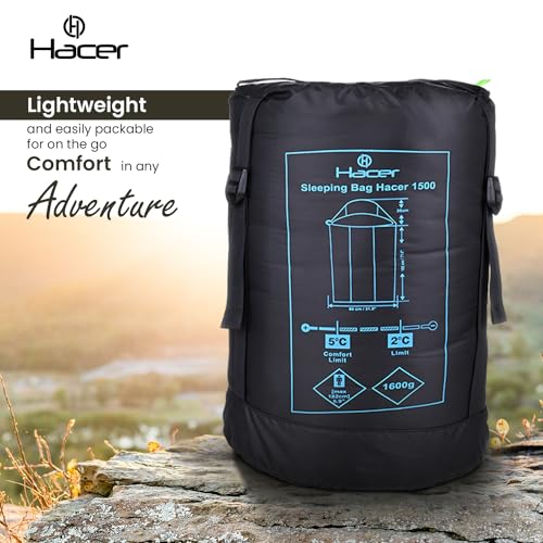 Image of Hacer HC-1500 3in1 Camping Sleeping Bag Open Comforter & Mattress +2 Degree Winter 210T Polyester Lining Hiking Trekking Bags for Baby, Adults Men & Women (7ft, Army Green & Black, 2C to +5C, 1.6kg)