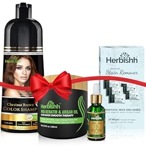 Herbishh 4-in-1 Hair Care Gift Set for Women & Men, Chestnut Brown Hair Dye Shampoo, Stain Remover Wipes, Argan Hair Mask & Hair Oil – Perfect Gift for Parent, Christmas, Birthdays & Special Occasion