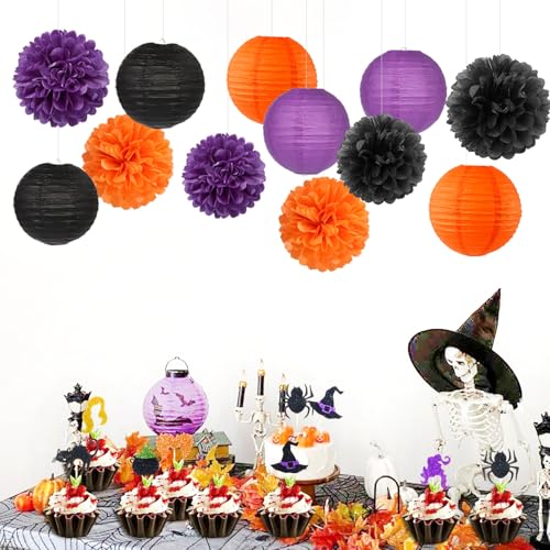Image of Purple-Orange Black Party-Decorations Paper-Flowers Lanterns - 15PCS Halloween Tissue Pom Poms Streamers,Vintage Birthday Retro Baby Bridal Shower Wedding Bachelorette Hanging Supplies Decor Hugfond