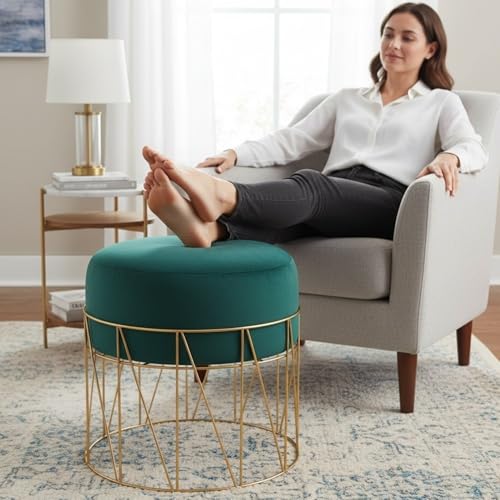 Image of Premium Gold Metal Ottoman Pouffe Stool & Footrest for Living Room & Bedroom | Bottle Green Soft & Classy Mosha Fabric with Linear Frame | 18 inch Height | Luxury Multipurpose Furniture & Home Decor