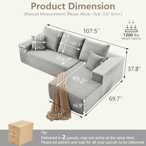 Image of 107 inch Cloud Sectional Couch with L-Shape Chaise, Modern Modular Comfy Sofa Chaise Longue, Upholstered Corduroy Couches Sleeper with Deep Seat for Living Room Bedroom, No Assembly Required, Grey