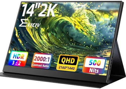 EVICIV 14" Portable Monitor, 2K QHD 500 Nits Travel Display w/Spe...