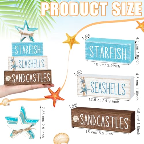 Yuntau 4 Pcs Beach Christmas Table Decor Starfish Seashell Coastal Wooden Block Sign Ocean Tiered Tray Decor Farmhouse Table Centerpieces Rustic Nautical Decorations for Home Office Desk Shelf Mantel - Image 3