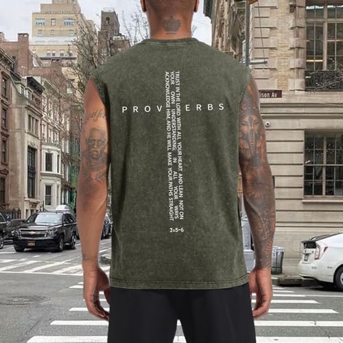 Image of Christian Gym Workout Tank Tops for Men Vintage Bible Verse Cross Graphic Sleeveless Muscle Shirts Acid Wash Tanks Top