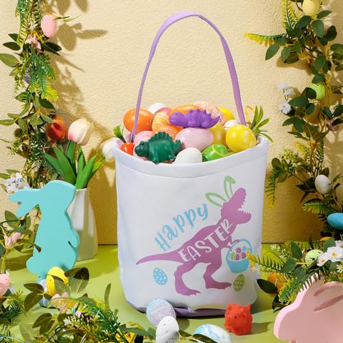 Image of 6 Pcs Canvas Easter Basket with Handle Dinosaur Bucket Bags Bulk Fabric Eggs Hunt Totes for Party Supplies Easter Candy Gifts Storage Favors