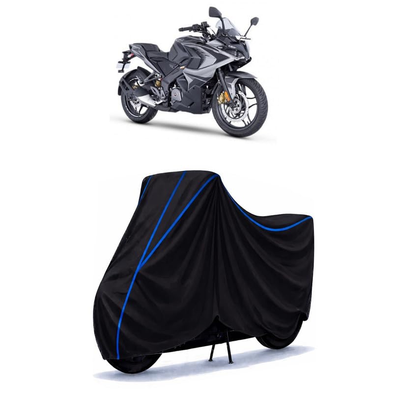 Image of Bajaj Pulsar 200 Bike Cover Water Resistant Universal Motorcycle Rain | Heavy Duty UV Protection, Dust, Scratch Indoor Outdoor All Weather with Black Blue Piping Elastic