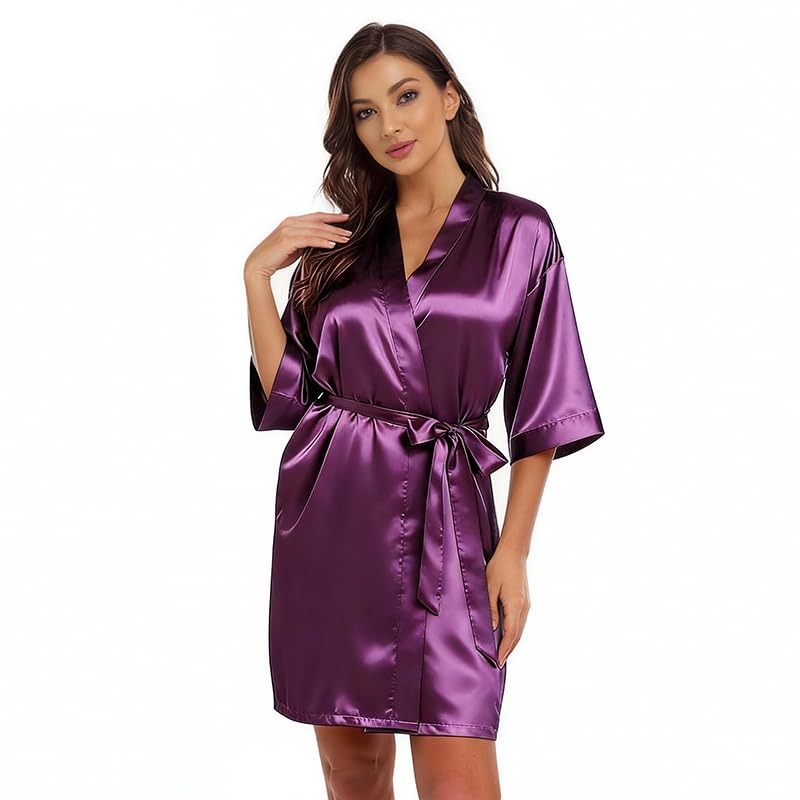 Image of Women's Bride Bridesmaid Robes Short Satin One Size Silver Rhinestones Wedding Party Getting Ready Sleepwear