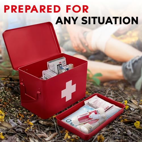 Image of Plexon 8.5 inch Metal First Aid Box Empty, Medicine Storage Bin with Lid, Emergency Supplies Organizer, Portable First Aid Kit Case, Red