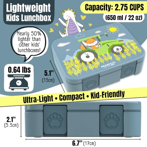 Image of BEARFOOT Kids Lunch Box with Compartments - Compact & Lightweight | Leak-Proof, BPA-Free, Dishwasher Safe | Hand-Drawn Design for Preschool, School, Travel (Tractor Fox Blue, 2.75 Cups)