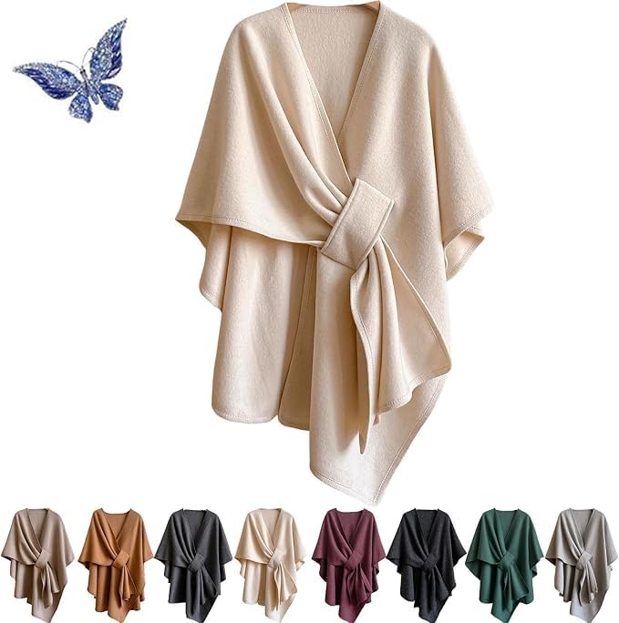 Women's Knit Wrap Poncho Shawl Open Front Cardigan with Tie Hem Soft Warm - image 1