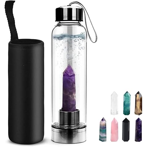 HINATAA Crystal Water Bottle, Removable Natural Crystal Gemstone Glass Bottle, Portable Proof Leak Natural Quartz Water Bottle, BPA  Free Durable Gemstone Bottle 550ml (Amethyst+Bottle) Cover