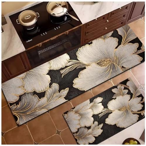 Image of SHREENIDHI Kitchen Floor Mat Set of 2 Rectangular Printed Mats for Sink Stove and Counter Area Placement with Kitchen Theme Geometric and Floral Design Options (Luxury Floral Mat 1)