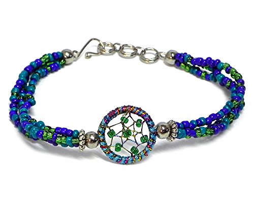 Mia Jewel Shop Sparkling Thread Dream Catcher Bracelet Multicolored Seed Beaded Multi Strand - Womens Southwest Fashion Handmade Jewelry Boho Accessories (Teal/Green/Indigo)