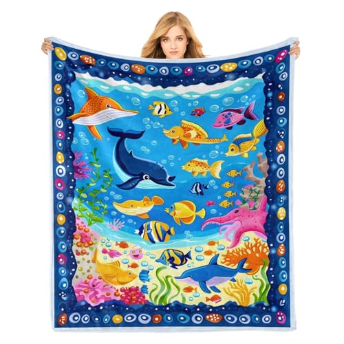 PINKBAY Cartoon Ocean Animals Flannel Throw Blanket 50×60in Cozy 340GSM Lightweight Thick Underwater World Blanket Christmas Birthday Gifts for Women Men and Kids Bedroom Living Room Couch Sofa Decor
