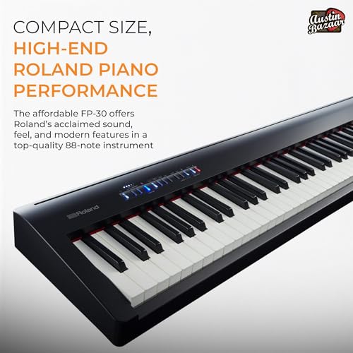 roland fp-30x 88-key digital piano - black bundle with adjustable stand bench sustain pedal online piano lessons instructional dvd and austin bazaar polishing cloth