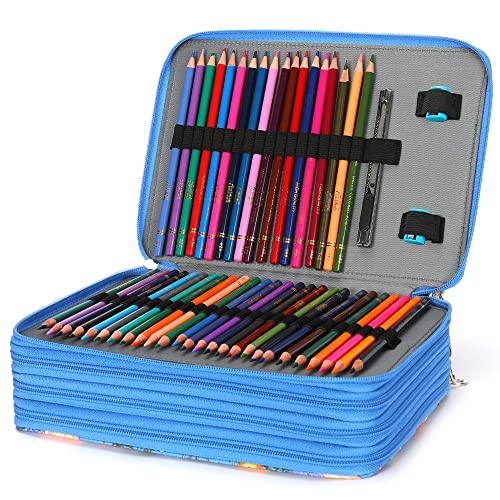 Image of Vomgomfom Colored Pencil Case - 200 Slots Pencil Holder with Zipper Closure Twill Fabric Large Capacity Pencil Case for Watercolor Pens or Markers, Pencil Case Organizer for Artist (Blue Flower)