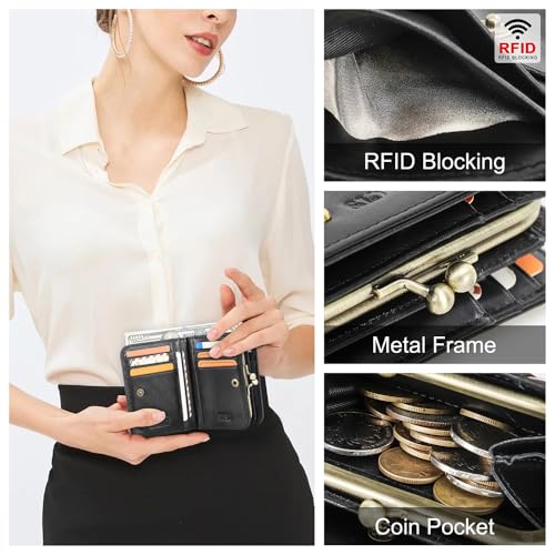 CONTACTS Full Grain Leather Kiss Lock Wallet for Women Vintage Coin Purse Small Bifold Card Holder RFID Blocking with 16 Card Slot (Black)2
