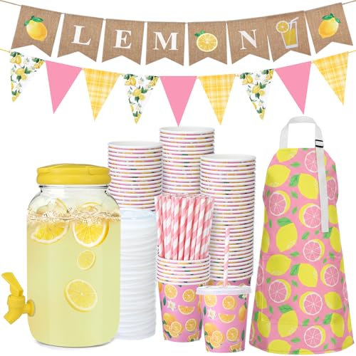Image of Glitopper 204 Pcs Lemonade Stand Supplies Kids Include 1 Gallon Lemon Plastic Drink Dispenser Burlap Banner Lemonade Apron and 100 Paper Cups with Lids Straws for Summer Lemon Stand Birthday (Pink)