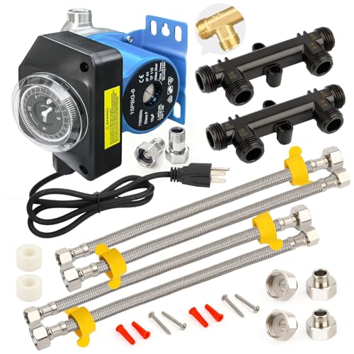 Upgraded Instant Hot Water Recirculation Pump Replacement Kit for watts 0955805 and grundfos 595916, with Programmable Timer – 2 Brass Sensor Valves (595926), 4 Supply Lines, 4 Adapters