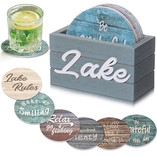 Queekay 6 Set Lake Theme Coasters with Holder for Drinks Lake Lovers House Gifts 4 Wooden Coasters with Sayings House Warming Gifts New Home for Bar Coffee Table Decorations(Classic Color)