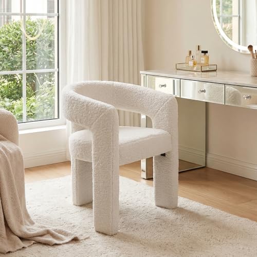 Image of HNY Modern Barrel Kitchen & Dining Room Chair, Sherpa Upholstered Accent Chair with Arm, 18.5'' Wide Side Armchairs Vanity Chairs for Living Room Bedroom Makeup Small Spaces, White