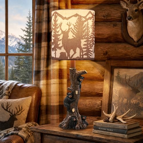 LOKHOM Rustic Climbing Bear Table Lamp for Bedroom 19 Small Single Bedside Table Lamp with Bear Forest Lampshade Farmhouse Desk Lamp for Nightstand Living Room Kids Reading End Side Table